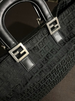 Fendi Tote Zucchino FF Logo black leather trim handles used