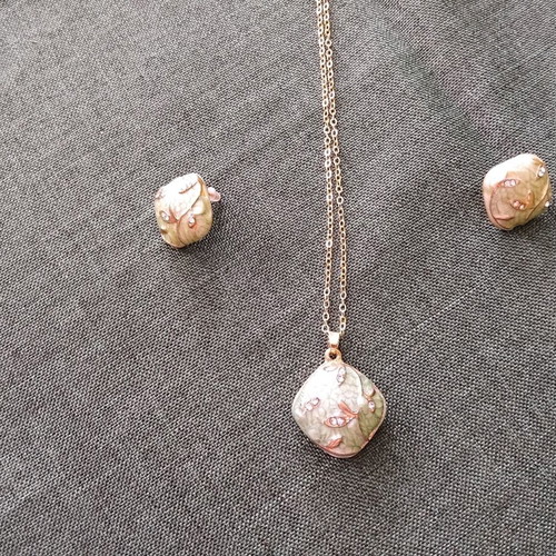 Jewelry set new, green enamel necklace and earrings with rose gold details