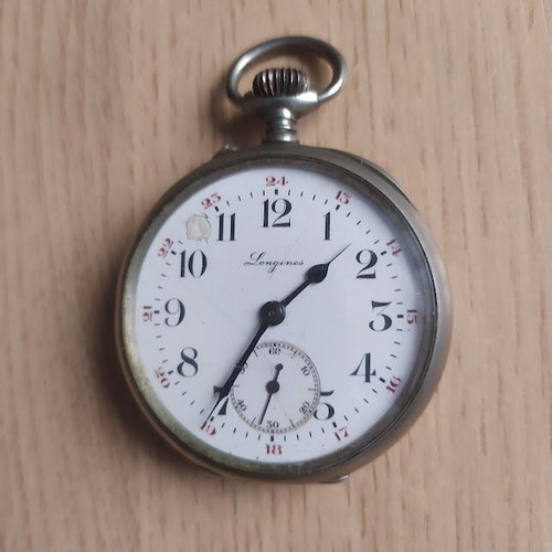 Longines men's pocket watch used, vintage, 9 Grands Prix, silver