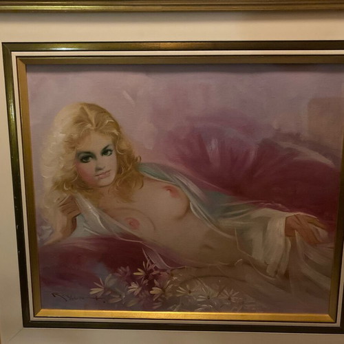 Portrait painting signed nude theme used with frame wear