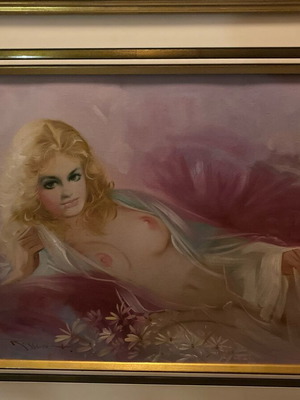 Portrait painting signed nude theme used with frame wear