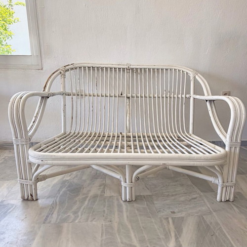 Bamboo outdoor furniture set used, white, 1 table, 1 loveseat, 2 chairs