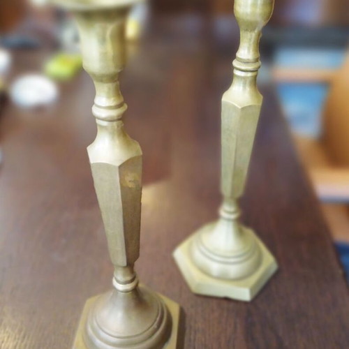 Brass Candlesticks Set like new with Geometric Design