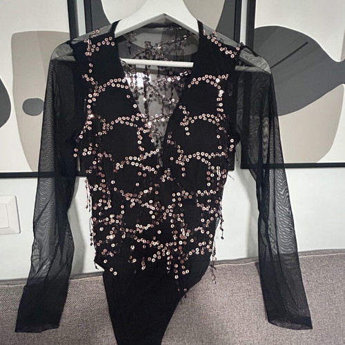 Women's black lace evening sequined bodysuit top size S-M new
