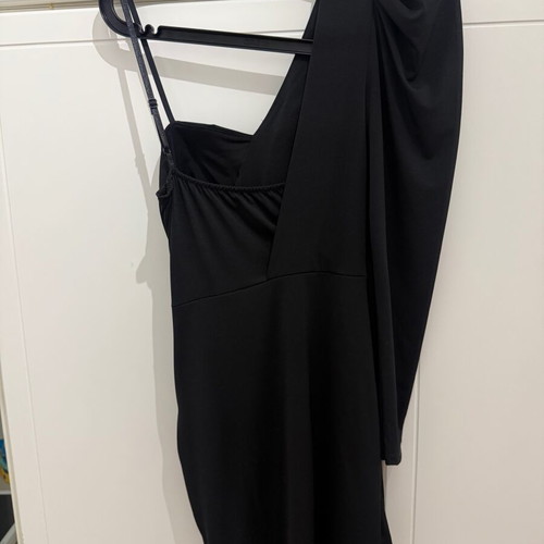 Black mini dress with one long sleeve like new