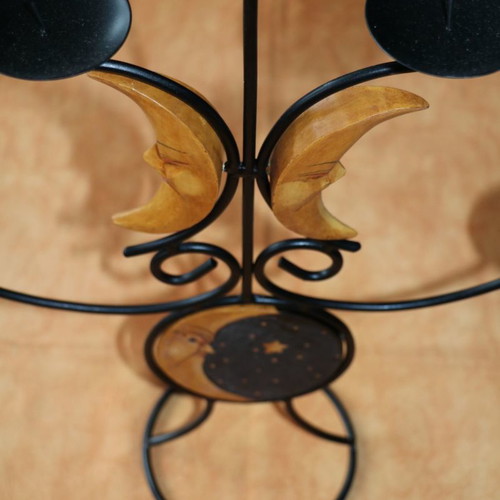 Handmade candle holder 5 candles wood-carved painted sun&moon new
