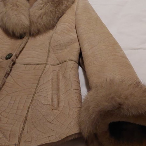 Women's mouton jacket used, beige with fox fur, size M/L