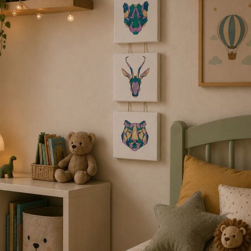 Set of 3 geometric animal canvases like new, Scandinavian & Boho decor