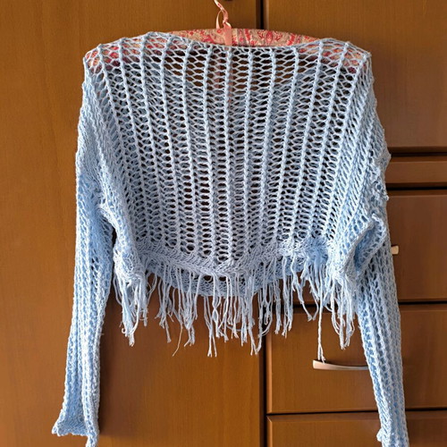 Crochet top light blue turquoise with fringe new, size S