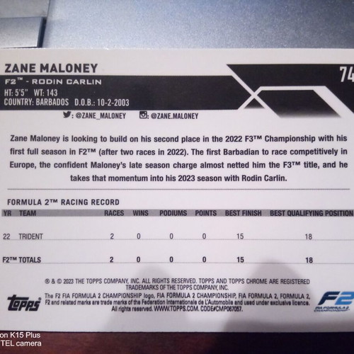2023 Topps Chrome Formula 1 F1 Zane Maloney Purple Green SP #74 card like new