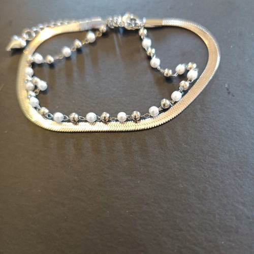 Double wrist chain with pearls new silver stainless steel