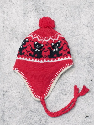 Knitted winter hat with ears and cords red new one size