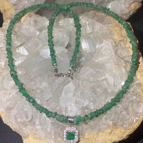 Handmade necklace with natural emeralds and moissanites, silver 925