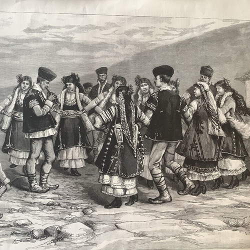 Woodcut 1892 Balkan traditional Zonaradikos dance "Hora" used 40x30cm