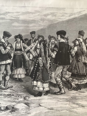 Woodcut 1892 Balkan traditional Zonaradikos dance "Hora" used 40x30cm