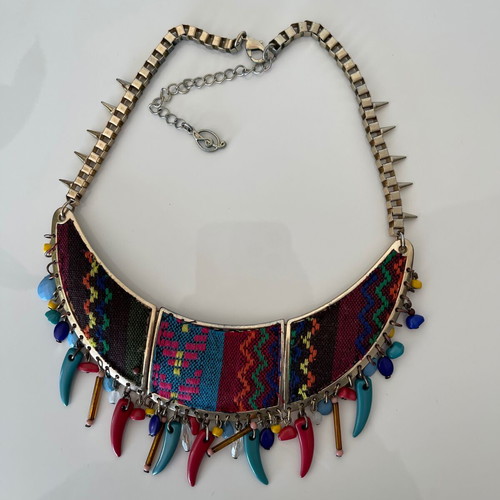 Boho Ethnic Statement Collar Necklace with Woven Fabric and Beads