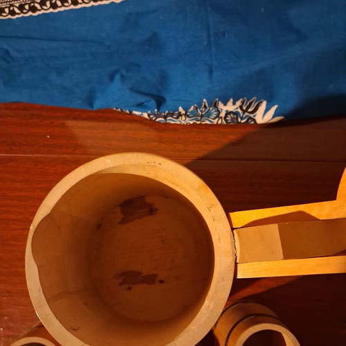Vintage Soviet wooden beer set with jug and 5 mugs Latvian SSR 1970s
