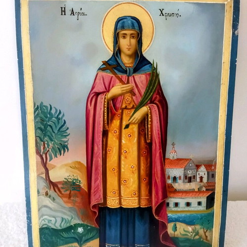 Handmade collectible icon of Saint Chrysi, 1902