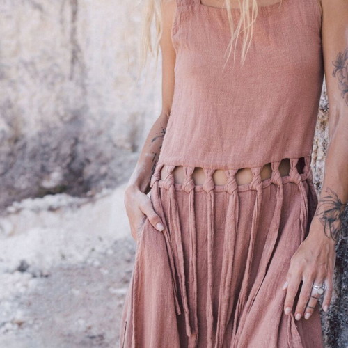 Long linen dress like new by local designer, size XS-S, brown and pink