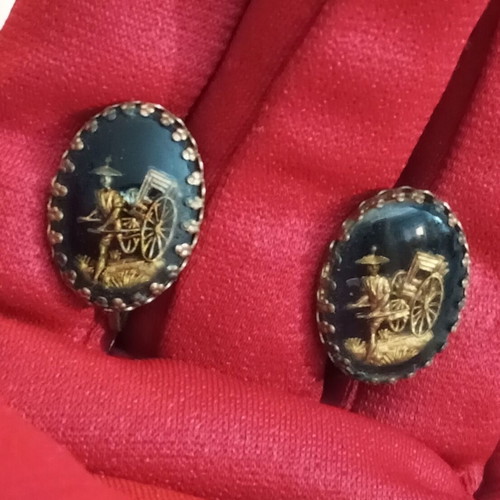 Antique bronze earrings with painted glass, used