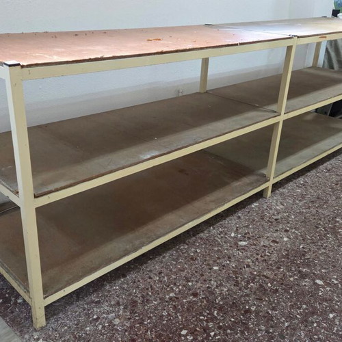 Workbenches used, set of 2 with solid iron frame and shelves