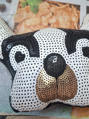 Mini decorative pillow French bulldog like new with sequins