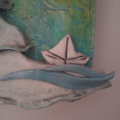 Mixed Media Ceramic 3D Figure on Wood, like new