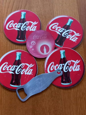 Coca Cola vintage collectible set with 5 coasters and metal opener new