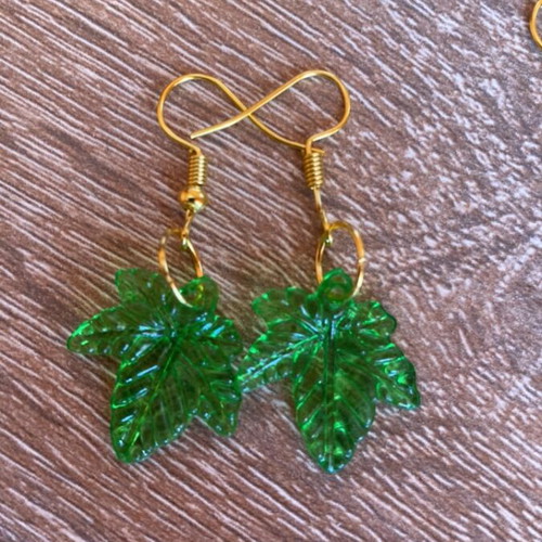 Handmade earrings set of 2 with gold tone and green leaves, made to order