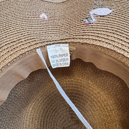 Flamingo Hearts Wide Brim Straw Sun Hat like new, beige