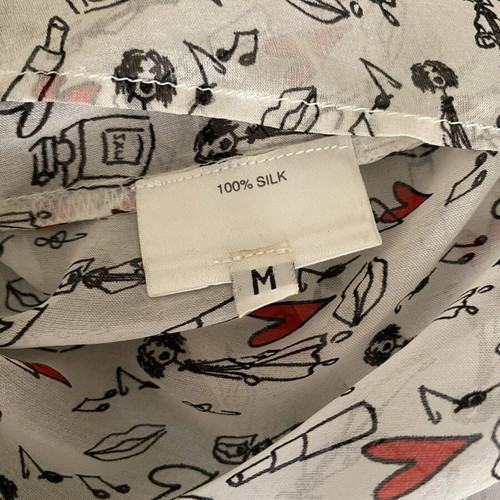 Silk blouse size M, like new, white gray with black and red patterns
