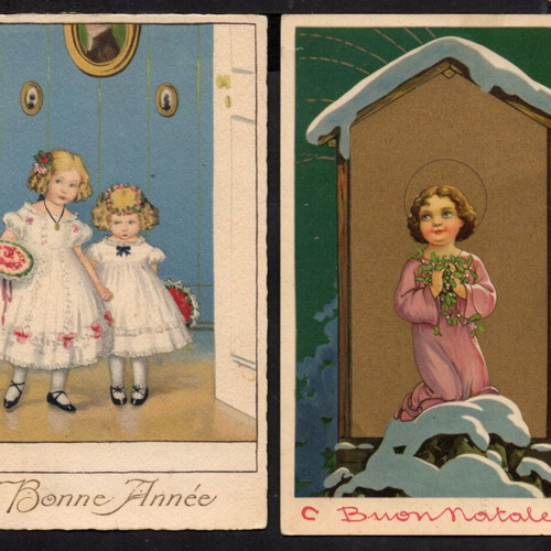 Artistic old chromolithograph greeting postcards used, set of 2