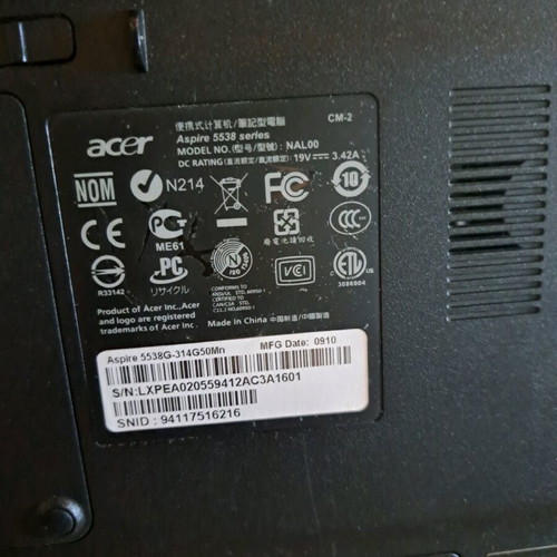 Acer laptop 5538G used with burnt graphics card without hard drive