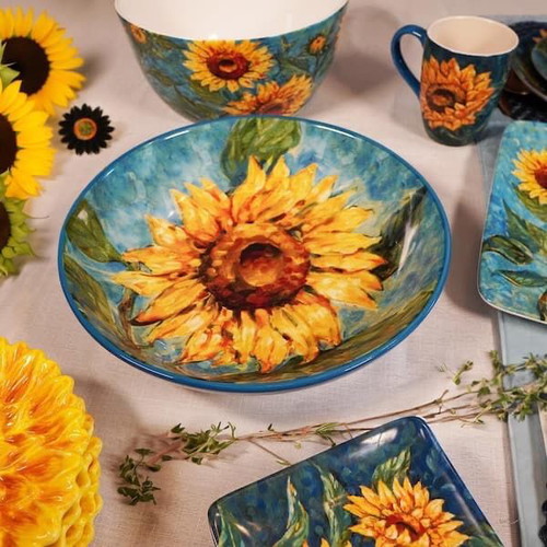 Set of 16 elegant sunflower plates and mugs