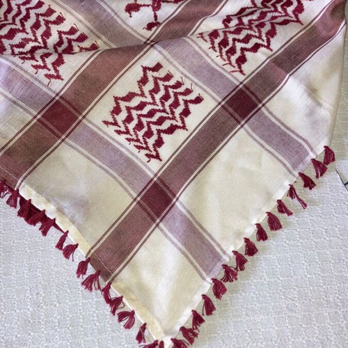Keffiyeh style scarf like new, burgundy on cream, 120x120 cm