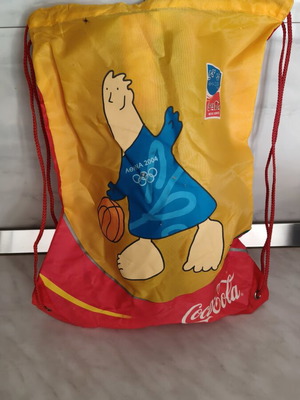 Coca-Cola Athens 2004 drawstring backpack with Phoebus mascot