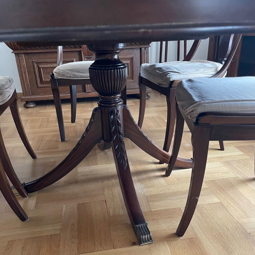 Varagki Dining Set Extendable Round Table With Six Chairs Like New, 1970s