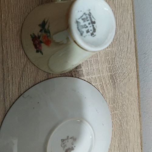 Porcelain coffee cups used, set of 3 with saucer and small bowl