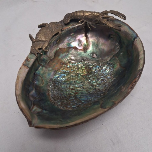 Abalone Shell Bowl with Brass Lobster and Crab, Like New
