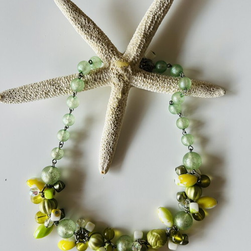 Handmade summer necklace with beads used, mint and lime colors
