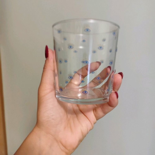 Glass mugs used, pack of 3 with eye design, transparent