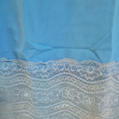 Short-sleeve women's blouse with lace trim, blue, size M