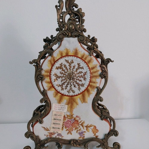 Heavy Bronze Baroque Style Table Clock with Porcelain