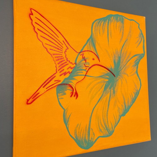 Acrylic painting on canvas Hummingbird and flower new 40x40 cm
