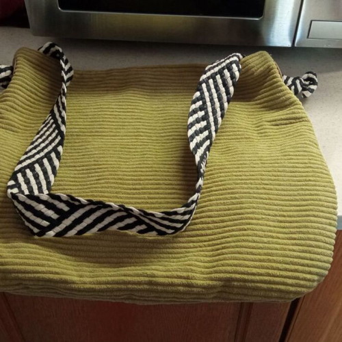 Shoulder bag, olive green with striped handles