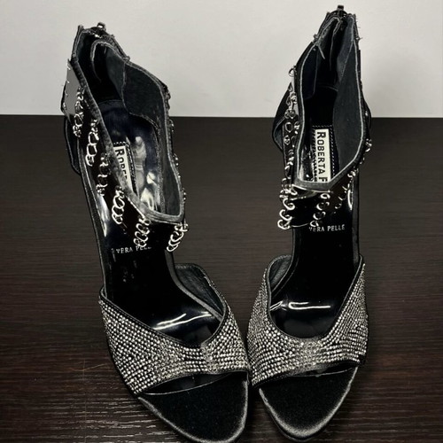 Roberta Frac black platform stiletto sandals with rhinestone ankle cuff, EU 38