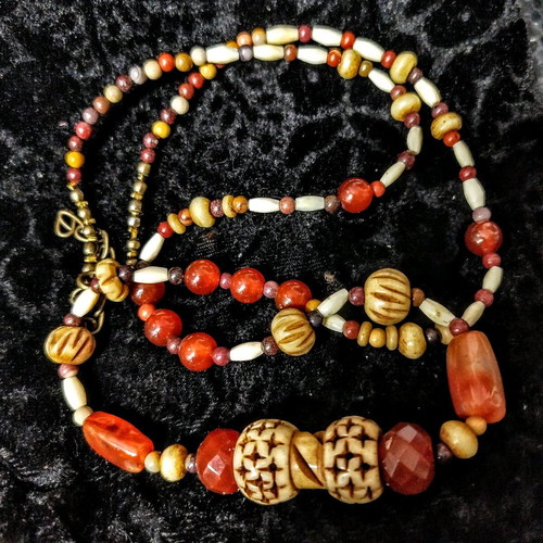 Ethnic style necklace new with carnelian and ivory beads 72-76 cm