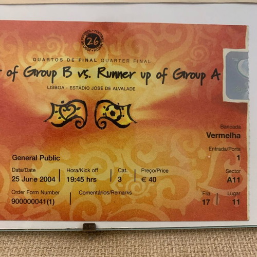 Euro 2004 Greece vs France ticket used with newspaper cover