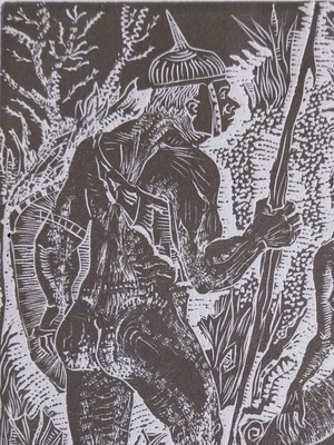Linocut Samson and Delilah new religious artwork