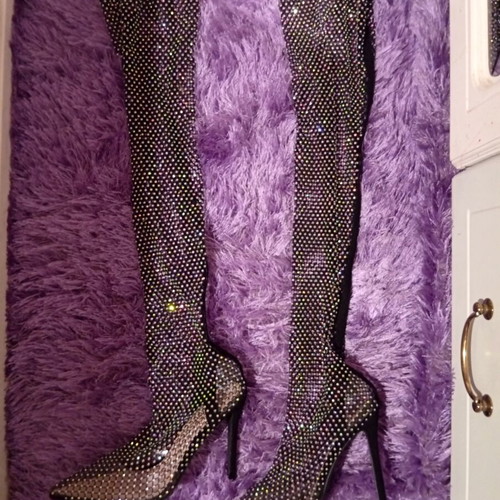 Knee-high boots new, size 39, mesh with rhinestones, 12cm heel